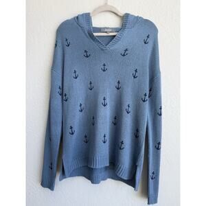 Marled by Reunited Women's Blue Anchor V-neck Knitted Hooded Sweater Size M